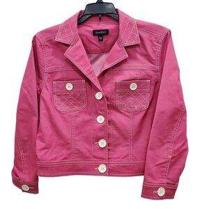 Bebe Womens 90s Y2K Pink Colored Denim Contrast Stitch Preppy Crop Jean Jacket L